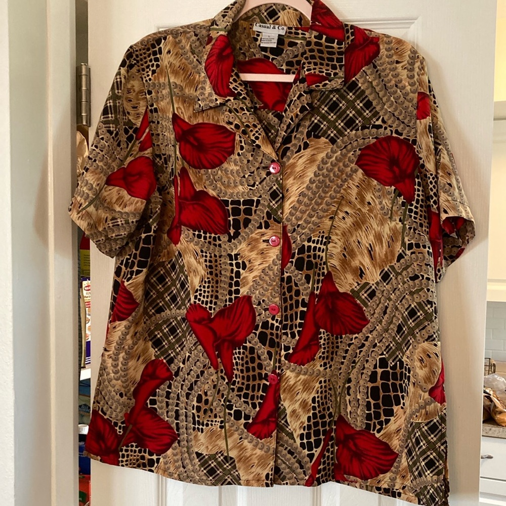 Red and Tan Patterned Button-Up Shirt